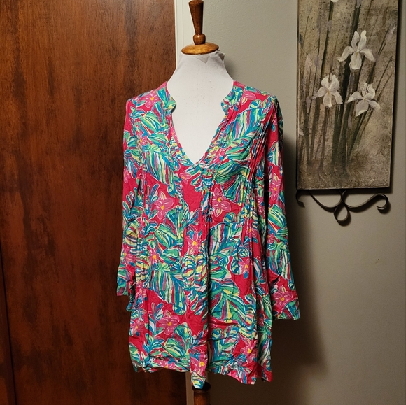 Lilly Pulitzer XL Top Knit Bright Pink Vneck Pleats Long Sleeve